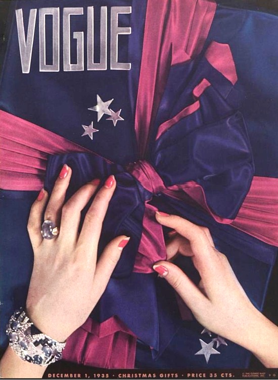 Platinum bracelet studded with star sapphires and diamonds and a star sapphire ring, both designed by Seaman Schepps. Cover of Vogue December 1935