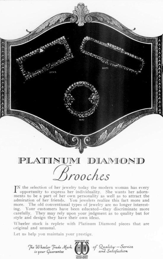 Platinum diamond brooches. May 1926 ad