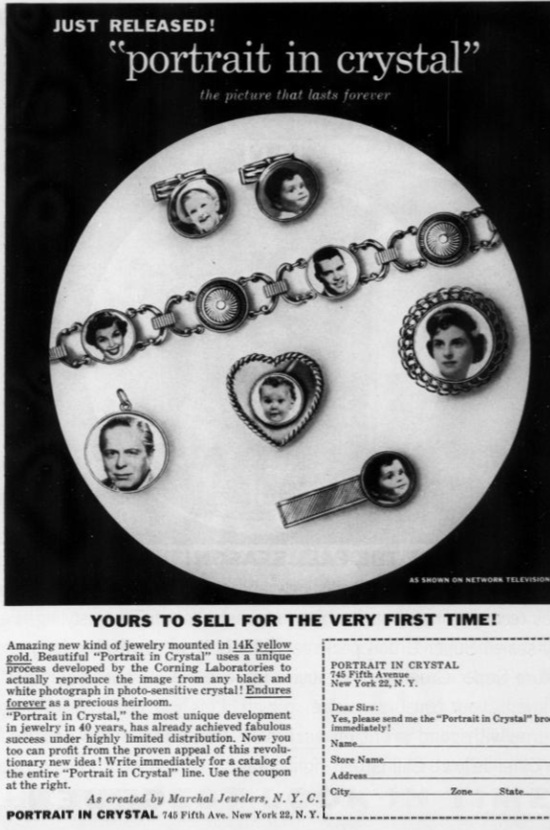 'Portrait in Crystal' jewelry line, February 1957 ad