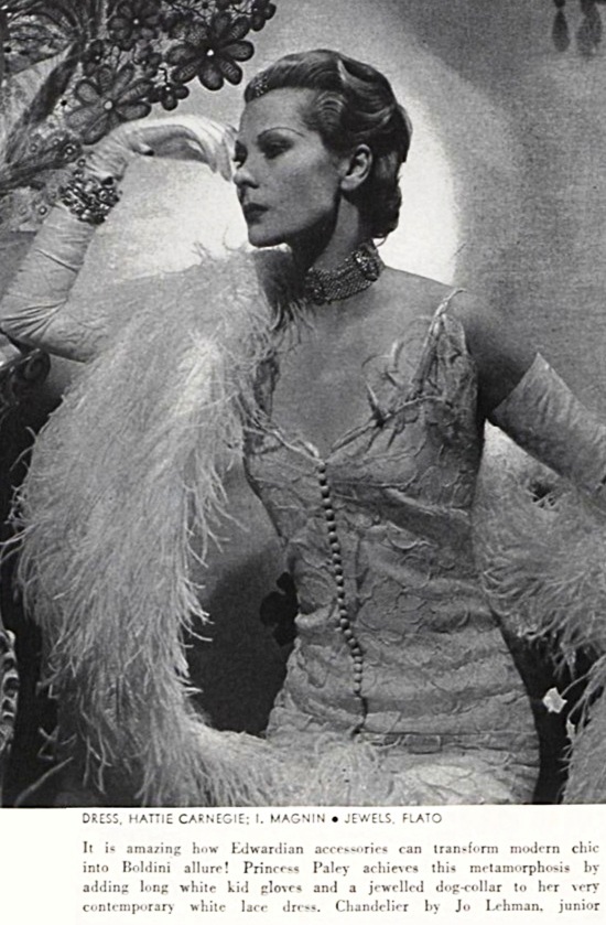Princess Paley wearing Flato jewelry, 1930s Vogue ad