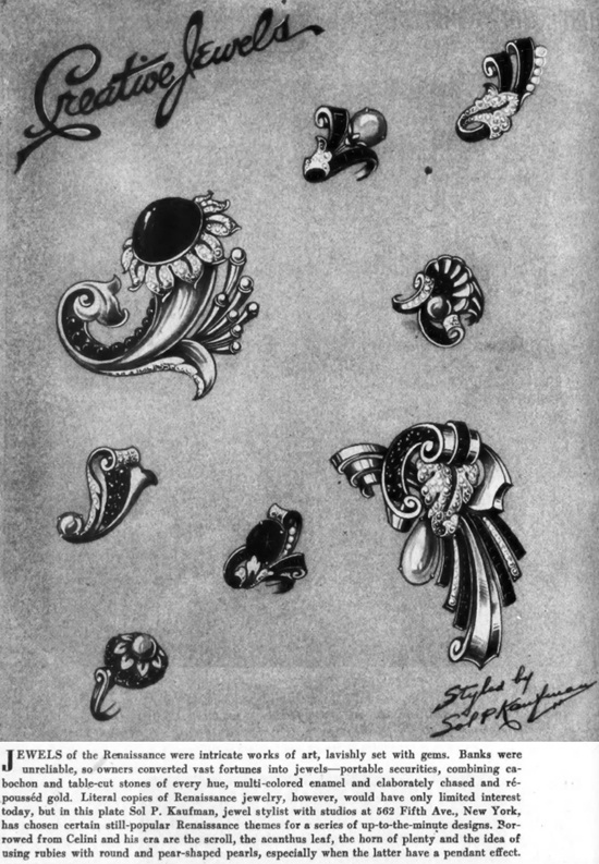 Renaissance motif jewelry, May 1944 ad