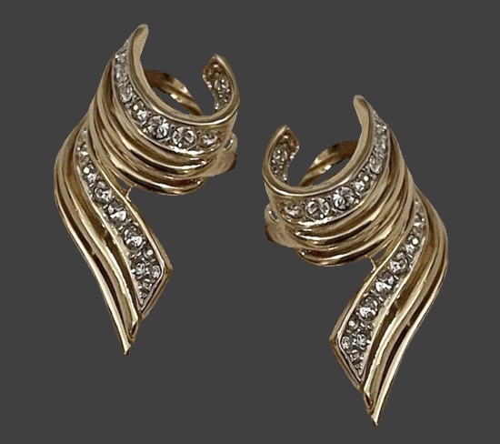 Ribbon gold tone, rhinestones clip earrings