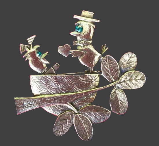 Romantic birds St. Valentine's Day gold tone rhinestones brooch pin