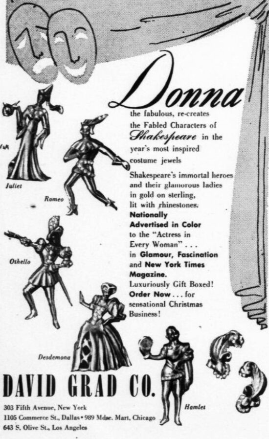 Romeo, Juliet, Othello, Desdemona and other fabled characters of Shakespeare in gold on sterling, October 1946 ad