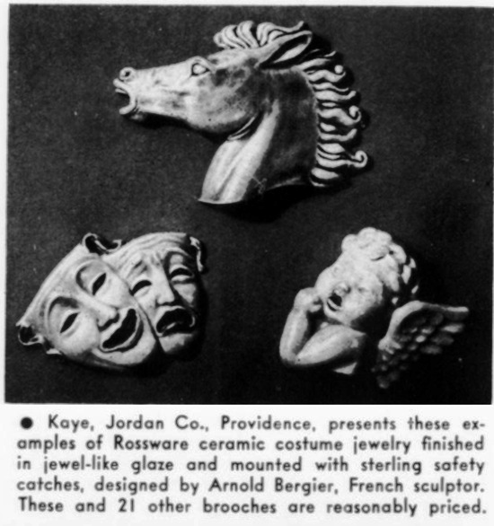 Rossware ceramic costume jewelry by Kaye, Jordan designed by Arnold Bergier, October 1942