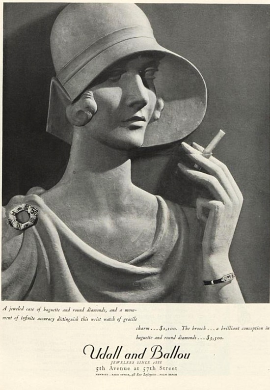 Round and baguette diamond jewelry, Vogue July 1930 ad