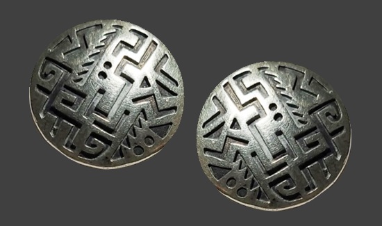 Round tribal design sterling silver earrings