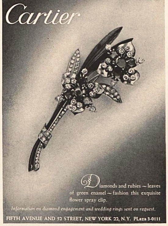 Ruby diamond green enamel flower spray clip, Vogue October 1945