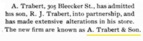 Rudolph J. Trabert joined his father's business, June 1894