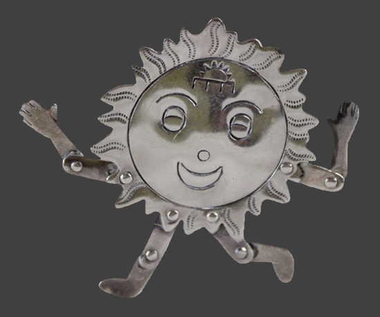 Running Sun articulated anthropomorphic sterling silver pin
