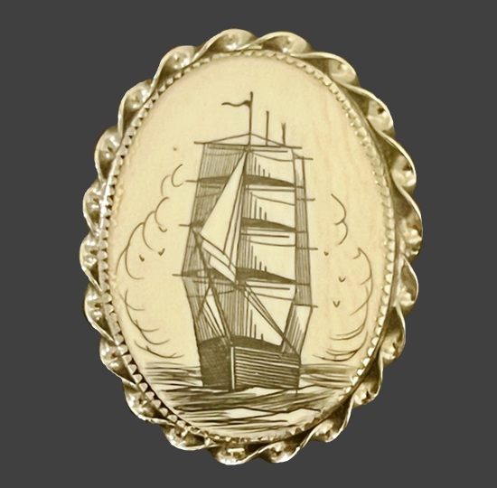 Sails Ship etched sterling silver oval brooch
