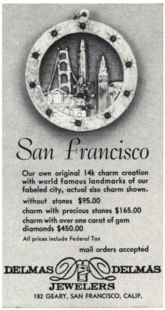San Francisco 14 K gold and precious stones charm, Vogue May 1963