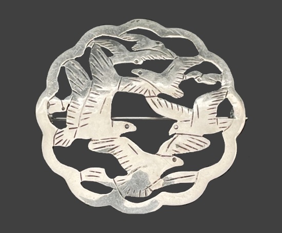 Seagulls cutout hammered sterling silver rectangle brooch pin