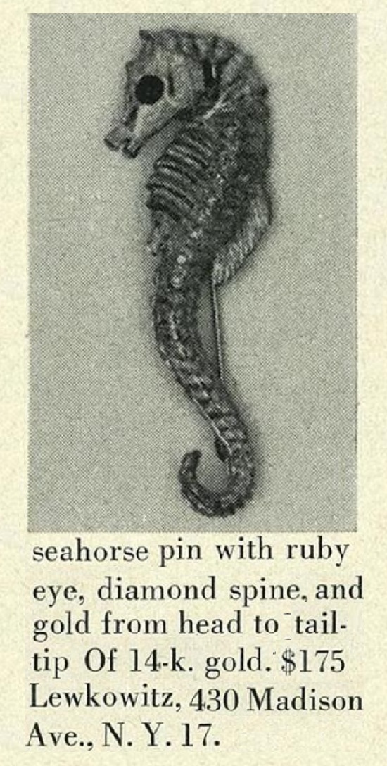 Seahorse ruby, diamond, gold pin, Vogue February 1964