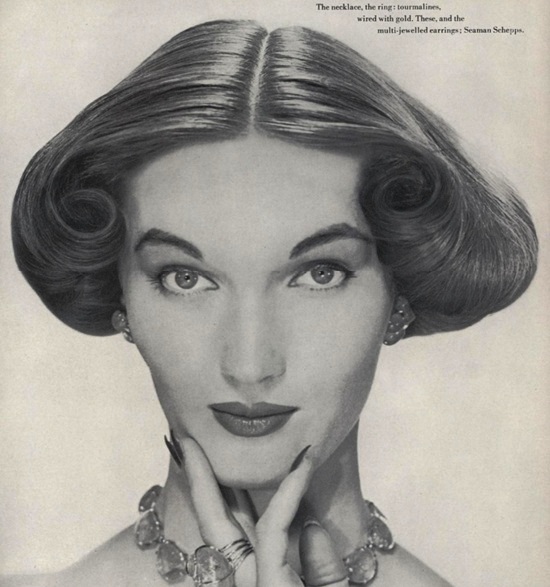 Seaman Schepps Tourmaline necklace, ring wired with gold, multi-jewelled earrings, Vogue June 1951 ad