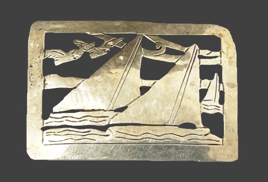 Seascape cutout hammered sterling silver rectangle brooch pin