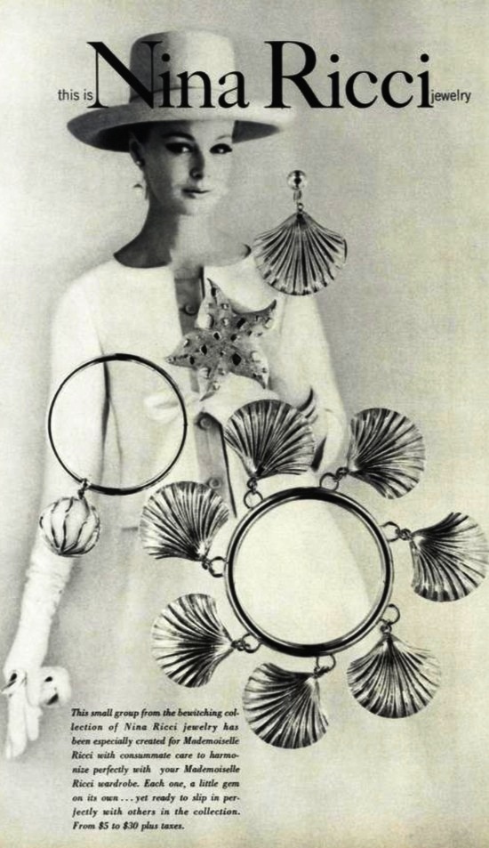 Seashell and marine motif jewelry, Vogue April 1962