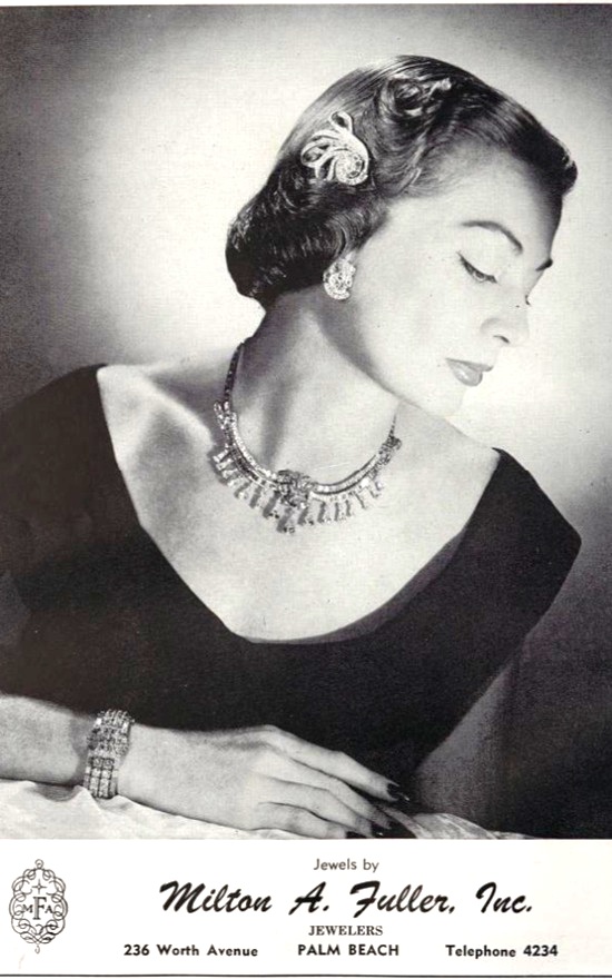 Set of diamond necklace, ear-clips and bracelet, February 1951 ad