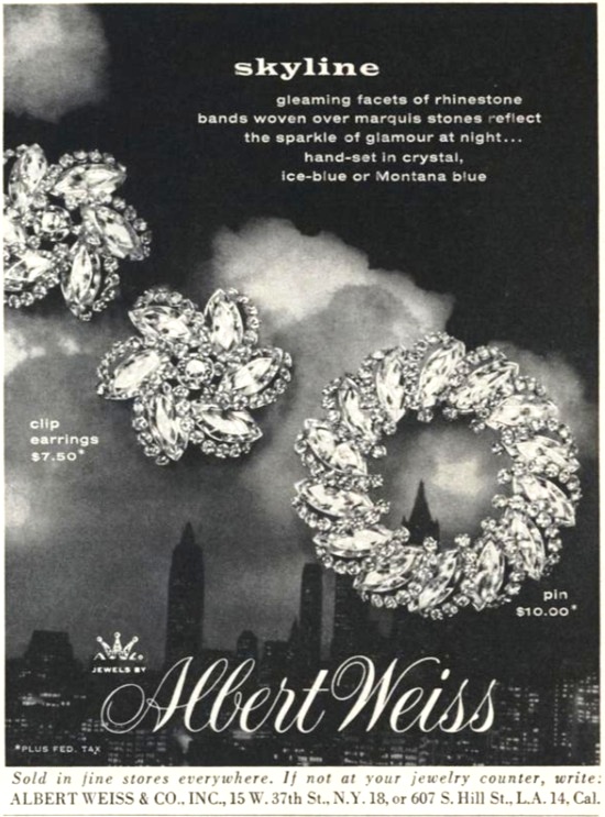 Skyline clip earrings and pin, Vogue March 1957 ad