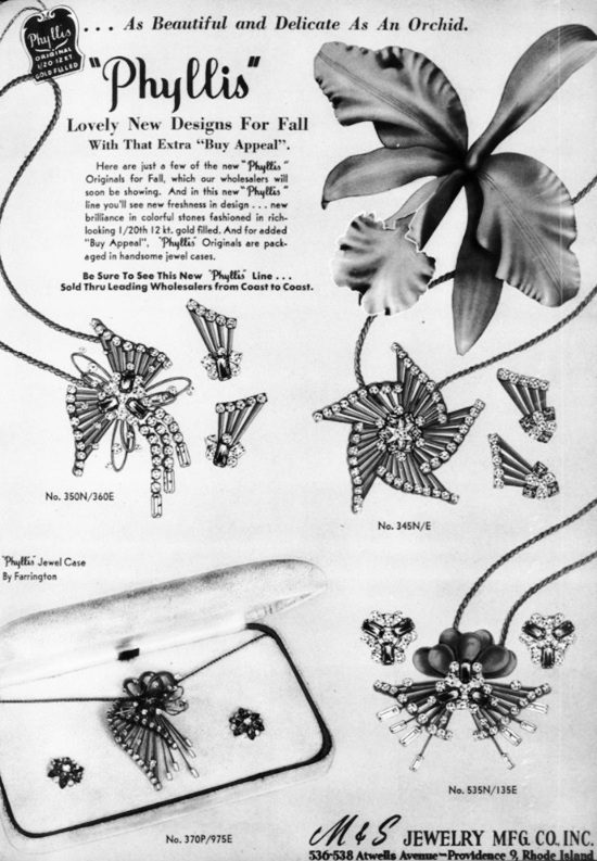 Smartly boxed Phyllis jewelry. 1949 ad