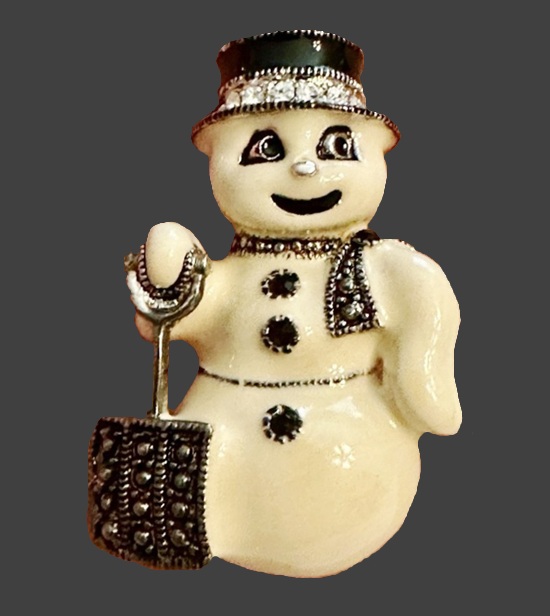 Snowman enameled rhinestone brooch pin