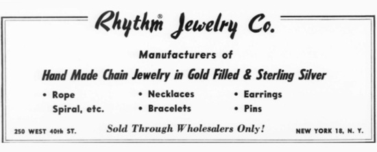 Sold through wholesalers only hand made chain jewelry in gold filled and sterling silver, June 1961