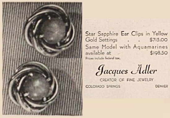 Star sapphire yellow gold ear clips, July 1945