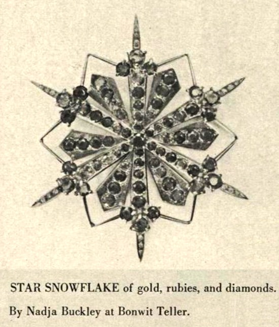 Star snowflake of gold, rubies, and diamonds, Vogue December 1943 ad