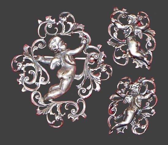 Sterling silver cherub pin and earrings