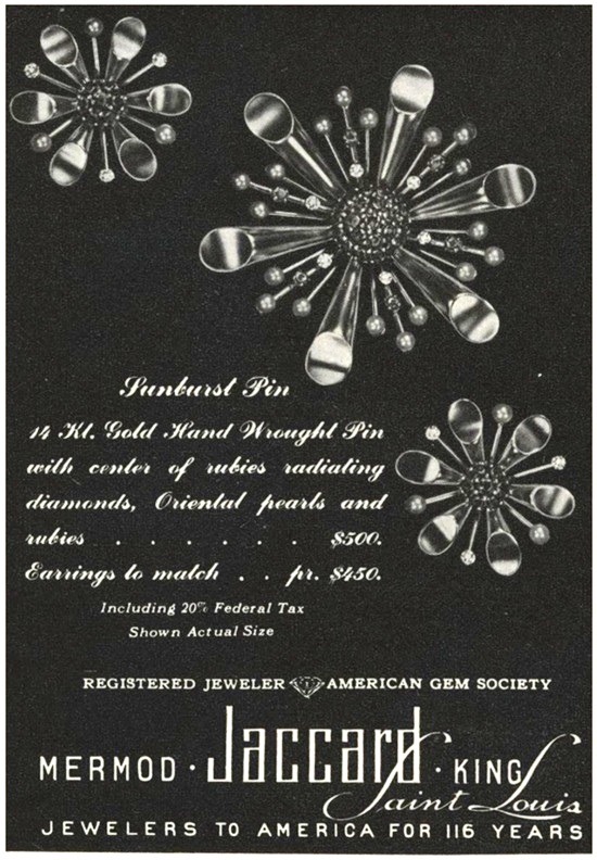 Sunburst 14 K gold hand wrought pin and earrings, Vogue November 1945 ad