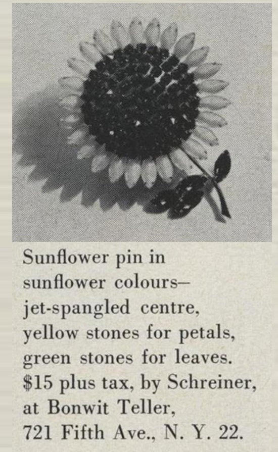 Schreiner Sunflower pin, Vogue May 1961