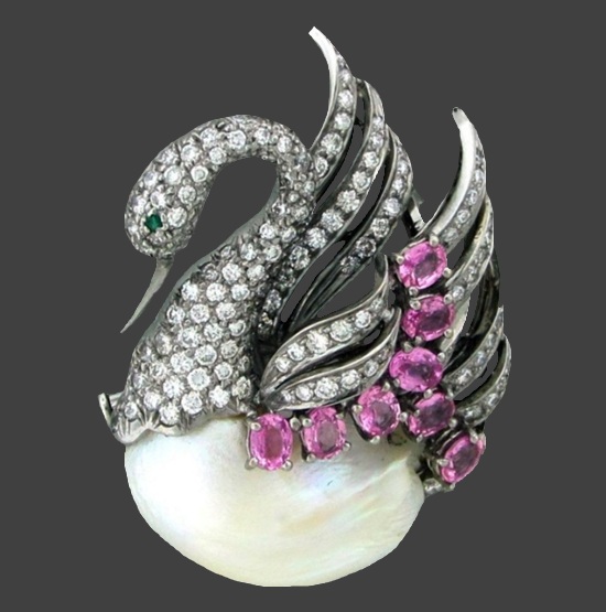 Swan sapphire diamond pearl brooch