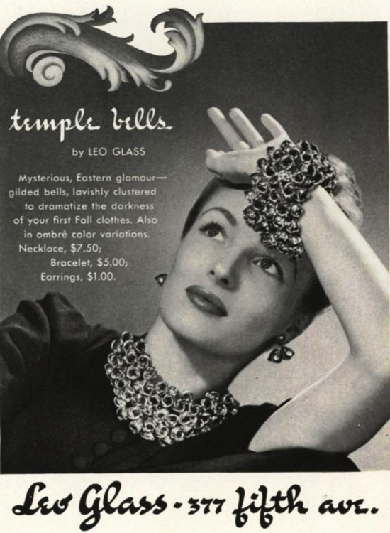 Temple Bells jewelry line - necklace, bracelet and earrings, Vogue October 1939 ad