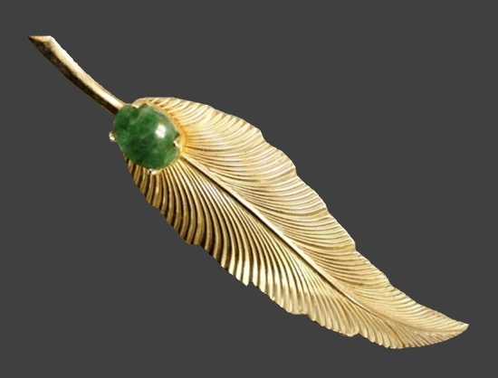 Textured feather 12 K gold filled jade brooch