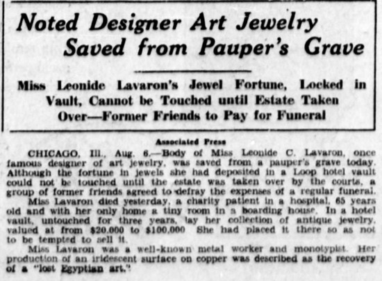 The Edmonton bulletin (1931-08-06). Body of Miss Leonide C. Lavaron, once famous designer of art jewelry, was saved from a pauper’s grave today