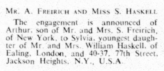 The Jewish Chronicle, September 1955. The engagement of Arthur, son of Solomon Freirich, of New York, to Sylvia Haskell