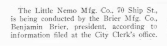 The Little Nemo Mfg Co, September 1915, JCK note