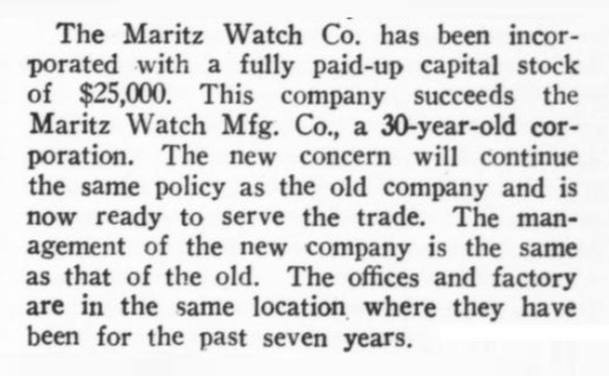 The Maritz Watch Mfg Co incorporated as The Maritz Watch Co, October 1923