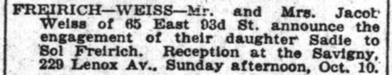 The New York Times, October 1920 note - engagement of Sadie Weiss and Sol Freirich