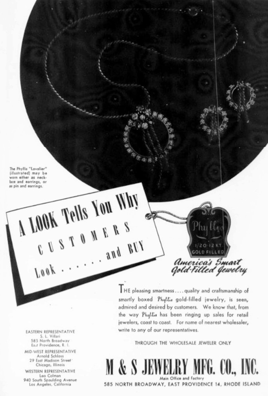 The Phyllis 'Lavalier' worn either as necklace and earrings, or as pin and earrings. April 1948 ad