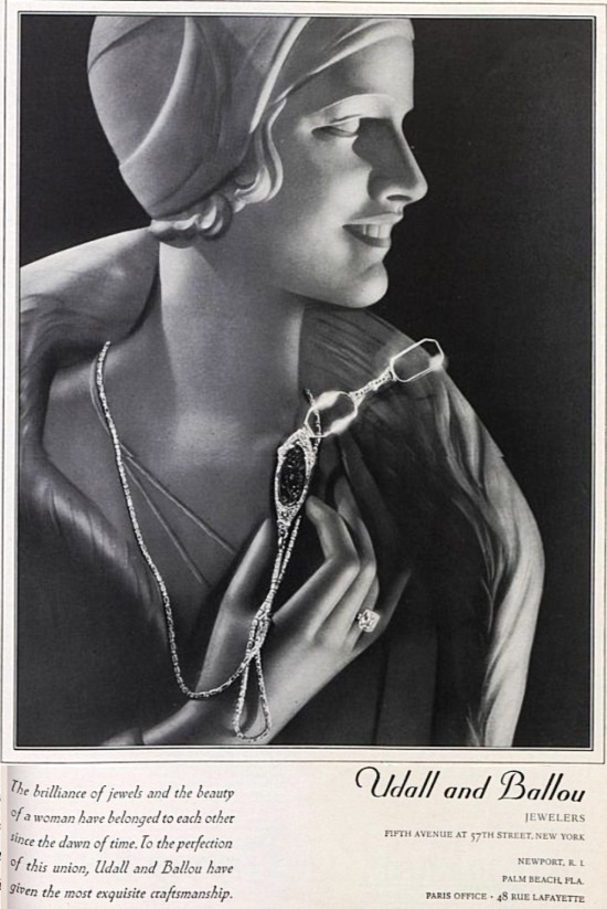 The brilliance of jewels and the beauty of a woman have belonged to each other since the dawn of time, Vogue April 1931 ad