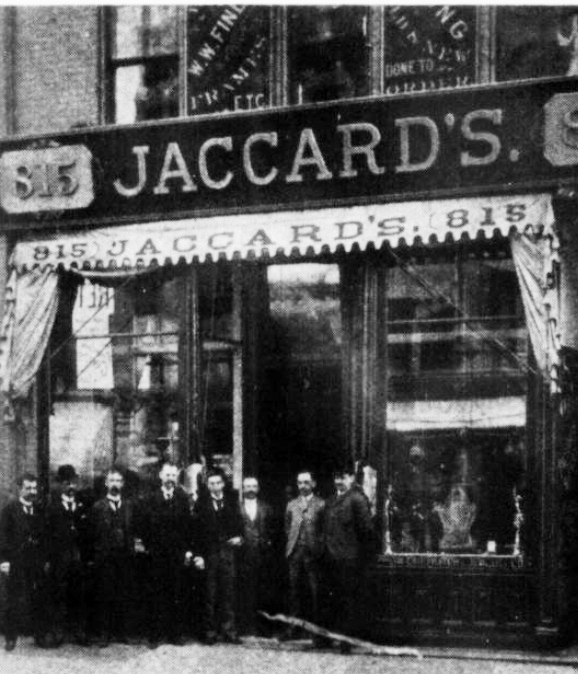 The whole staff, proudly lined up in front of the Kansas City Store of the Jaccard Jewelry Co. 1888 photo