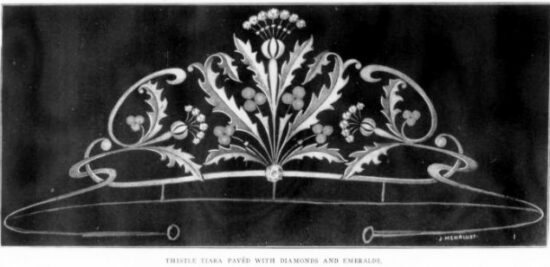 Thistle tiara paved with diamonds and emeralds, 1909
