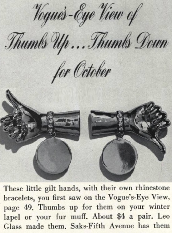Thumbs up gilt hands lapel pins, Vogue October 1940 ad