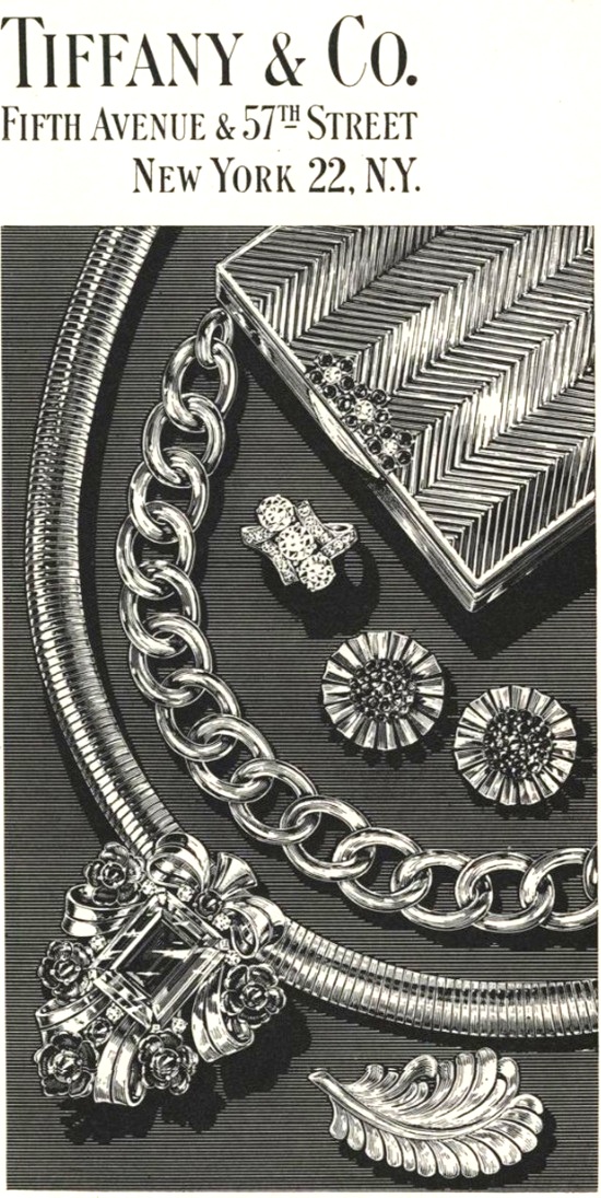 14 K gold, ruby, sapphires, aquamarine cigarette case, ring, earrings, bracelet, brooch, barrette Vogue November 1945 ad