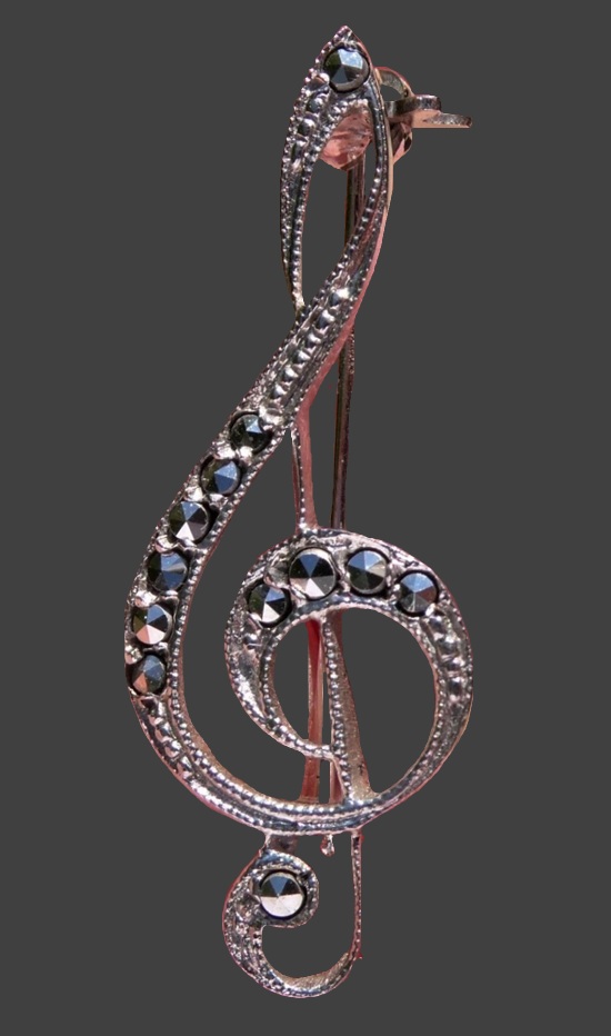 Treble Clef silver marcasite brooch pin