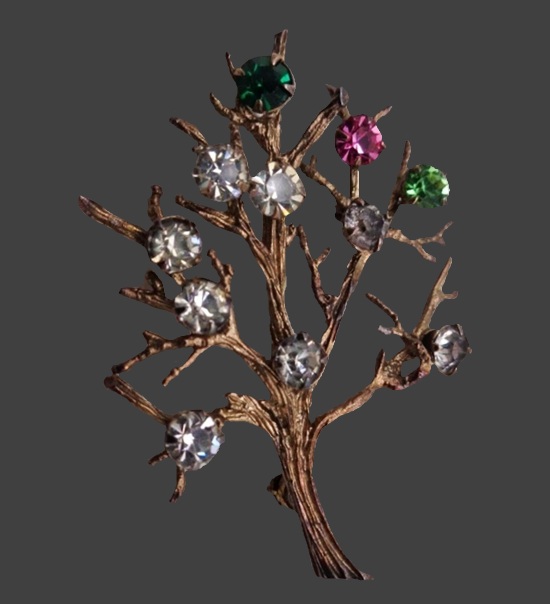 Tree of Life multicolor rhinestone sterling silver brooch