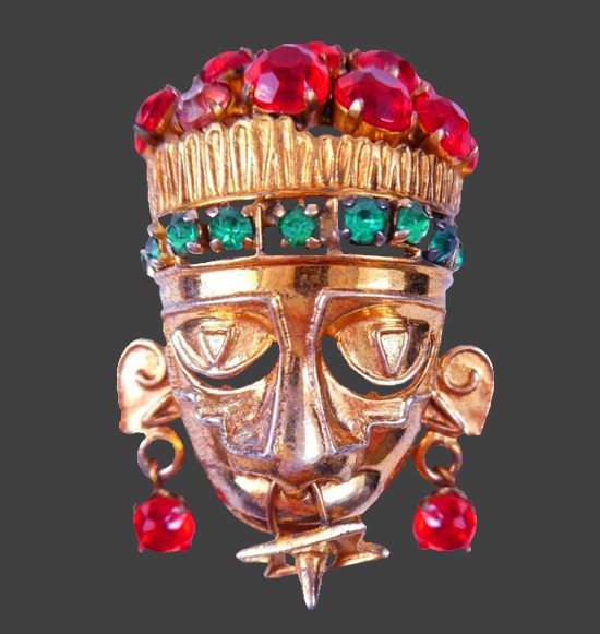 Tribal Aztec mask gold tone metal rhinestones brooch