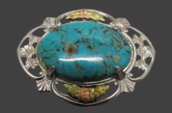 Turquoise sterling silver gold brooch