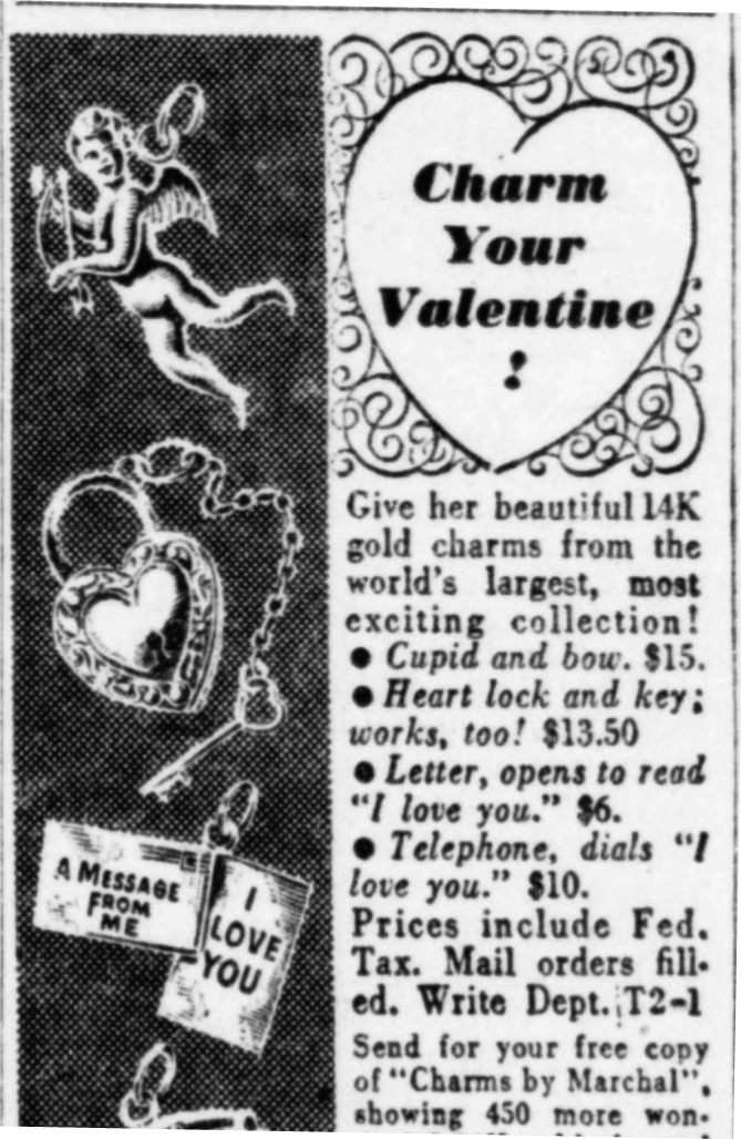 Valentine's Day charms, The New York Times February 1953 ad